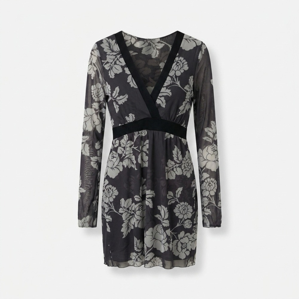White House Black Market Floral Mesh Tunic Top Black Gray V-Neck XL - Picture 3 of 4
